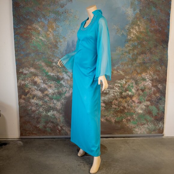 Vintage 70s ANGEL SLEEVE TURQUOISE Pearl Rhinestone Maxi Dress - Picture 7 of 12